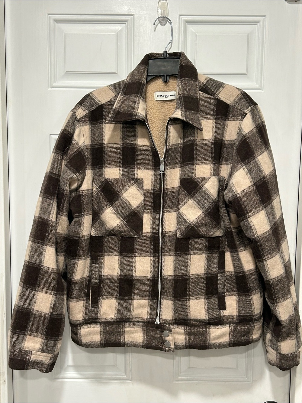 Shadow Hill Brown Cream Plaid Sherpa Zip Up Flannel Jacket Wool Streetwear Sz M